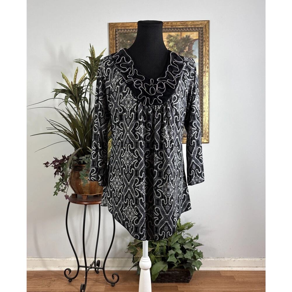 New Directions Women Blouse M Round Neck 3/4 Sleeve Boho Lagenlook Pullover